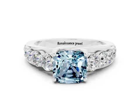 White gold Cushion Cut Aquamarine Engagement Ring with Pavé Band and Four-Prong Setting