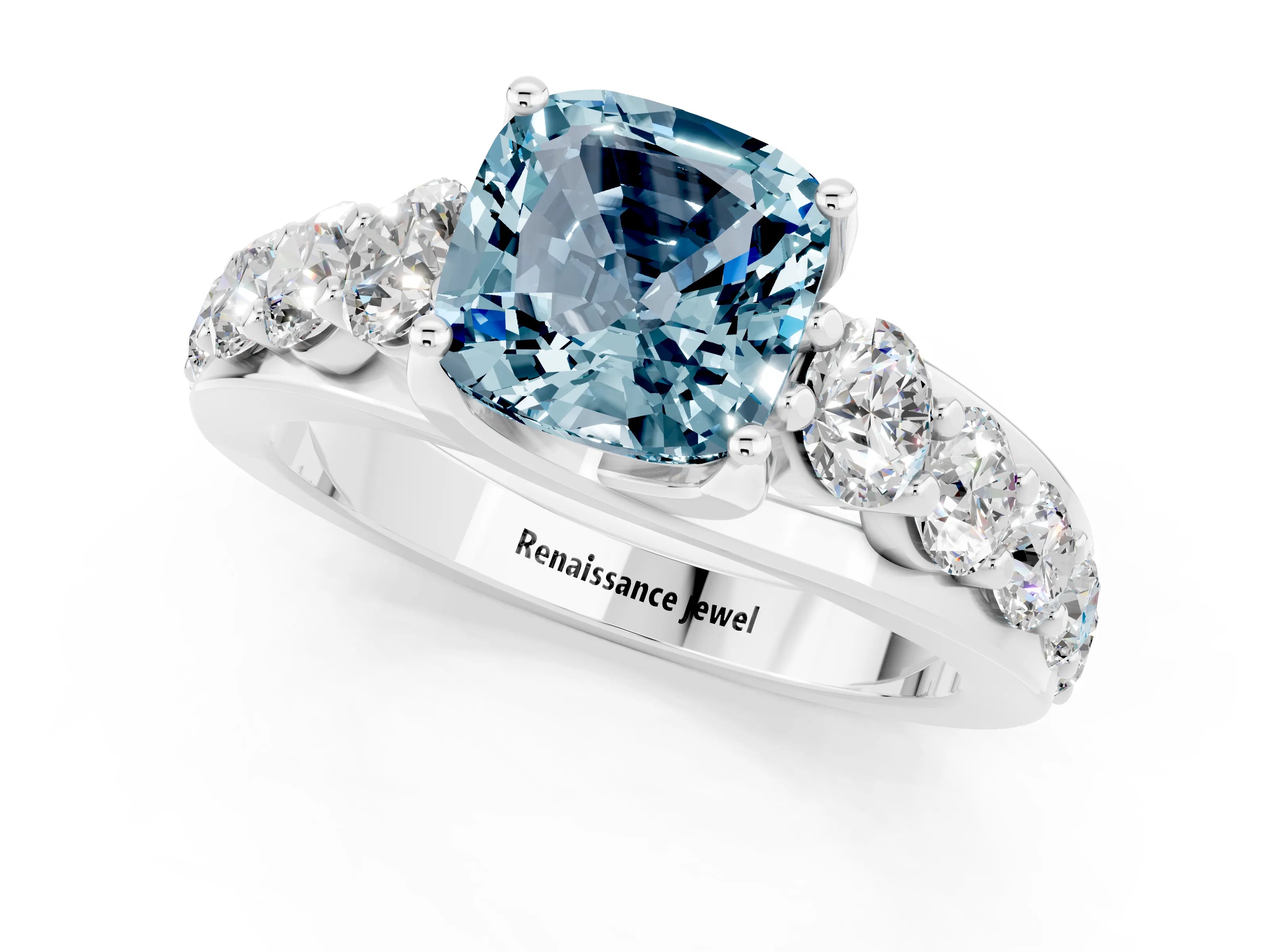White gold Cushion Cut Aquamarine Engagement Ring with Pavé Band and Four-Prong Setting_1