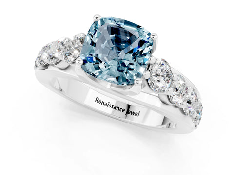 White gold Cushion Cut Aquamarine Engagement Ring with Pavé Band and Four-Prong Setting_1