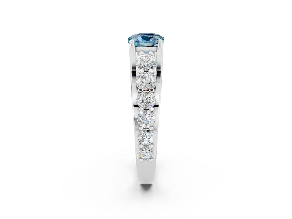 Silver Cushion Cut Aquamarine Engagement Ring with Pavé Band and Four-Prong Setting