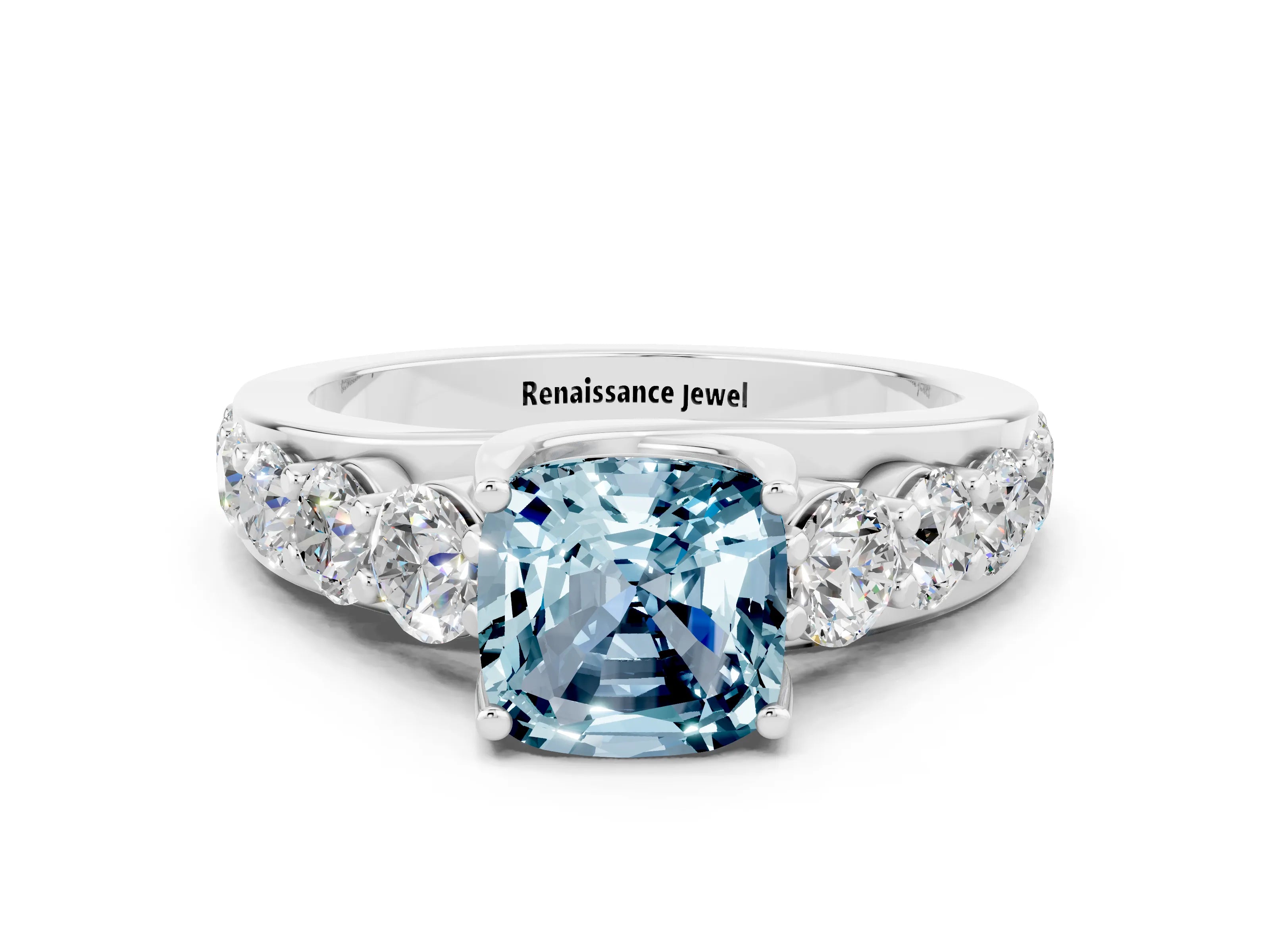 White gold Cushion Cut Aquamarine Engagement Ring with Pavé Band and Four-Prong Setting
