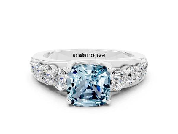 White gold Cushion Cut Aquamarine Engagement Ring with Pavé Band and Four-Prong Setting