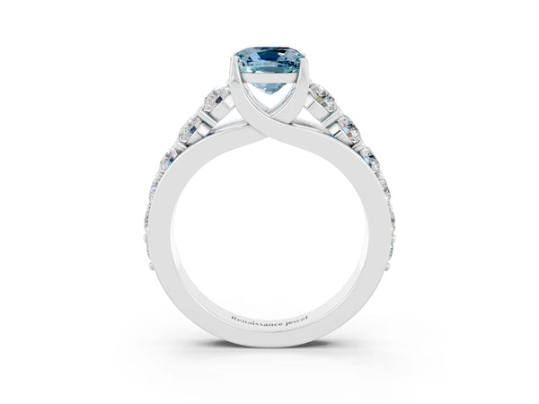 White gold Cushion Cut Aquamarine Engagement Ring with Pavé Band and Four-Prong Setting