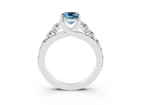 White gold Cushion Cut Aquamarine Engagement Ring with Pavé Band and Four-Prong Setting_3