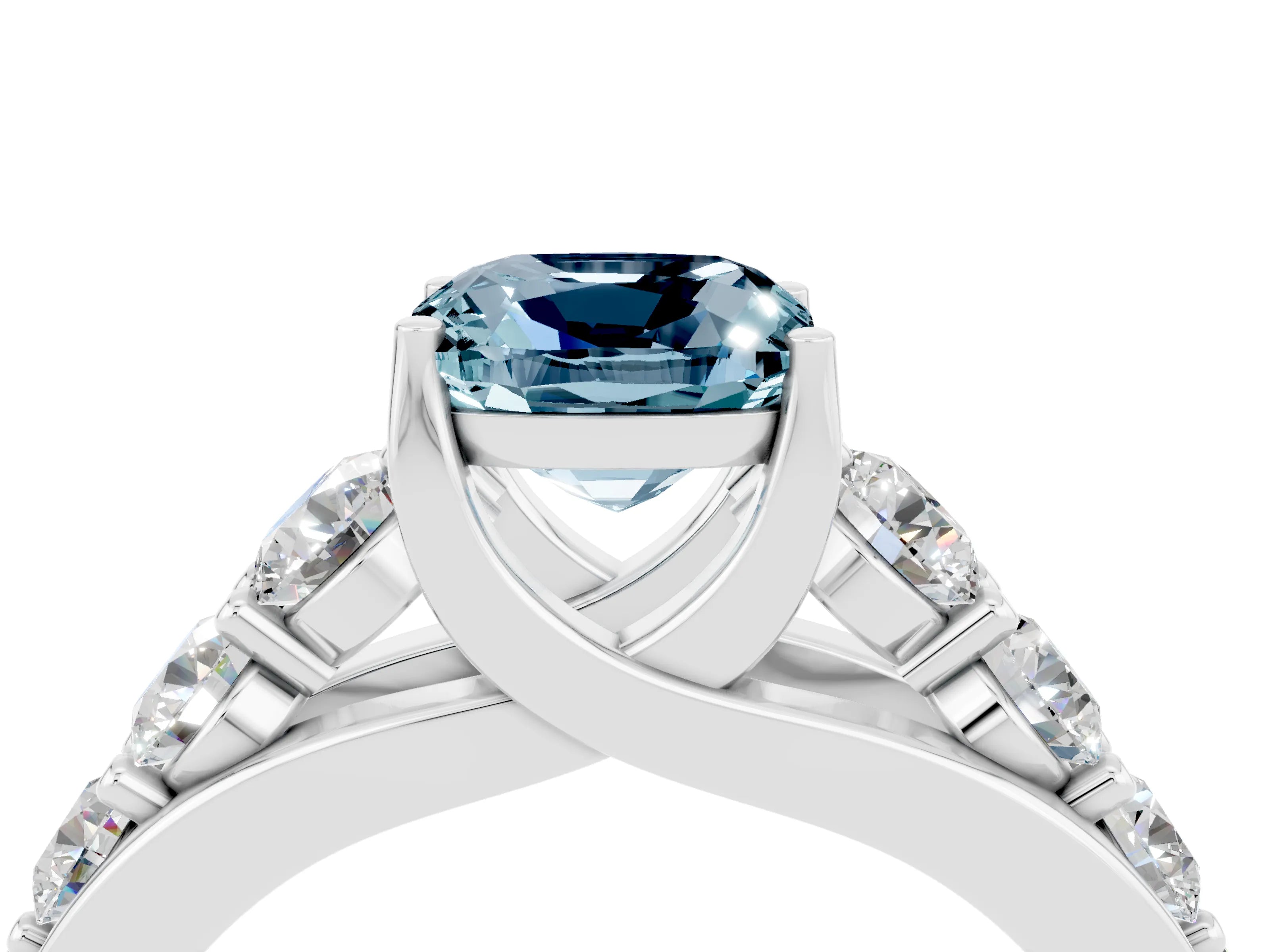 White gold Cushion Cut Aquamarine Engagement Ring with Pavé Band and Four-Prong Setting_4