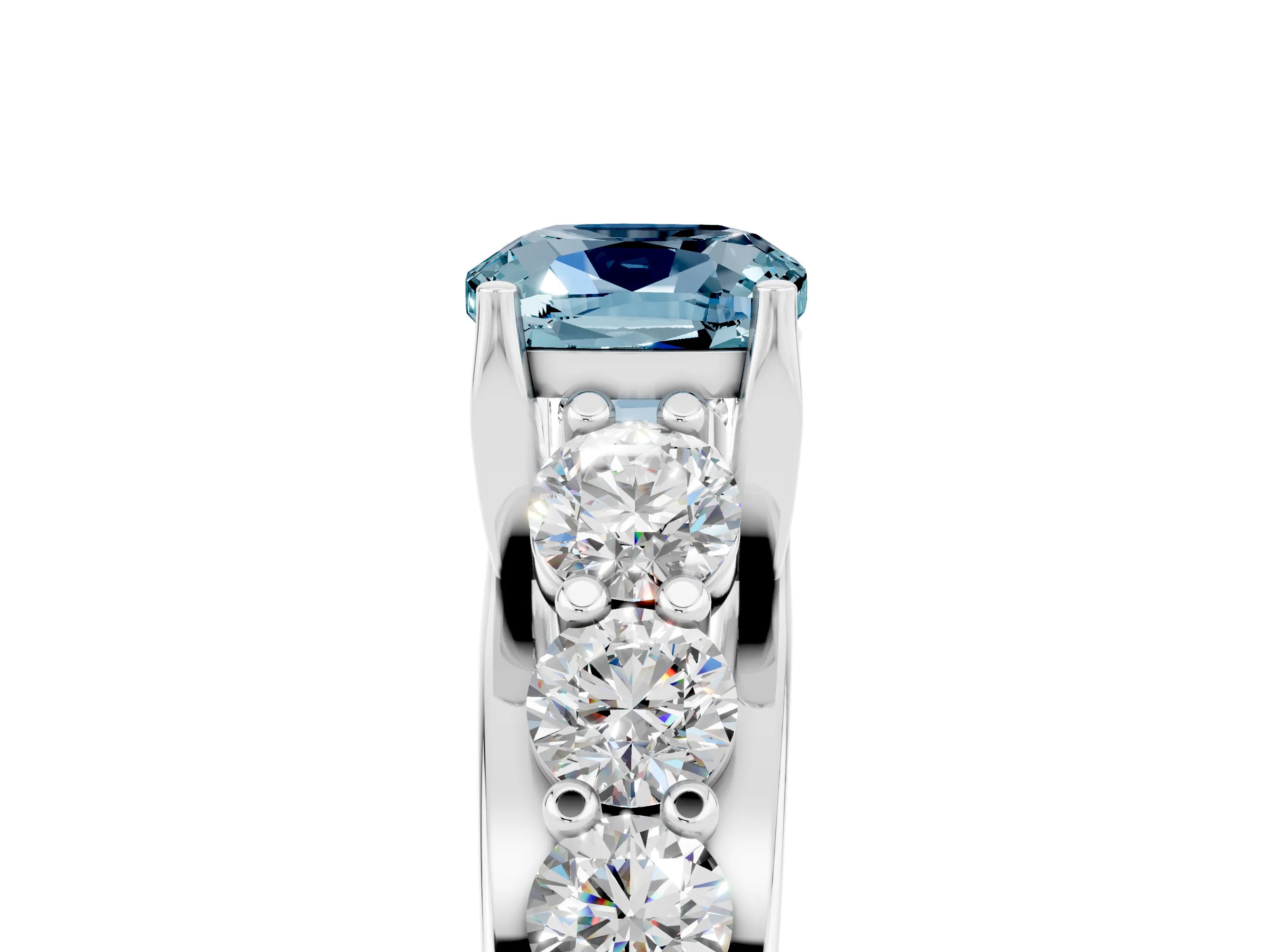 White gold Cushion Cut Aquamarine Engagement Ring with Pavé Band and Four-Prong Setting_5