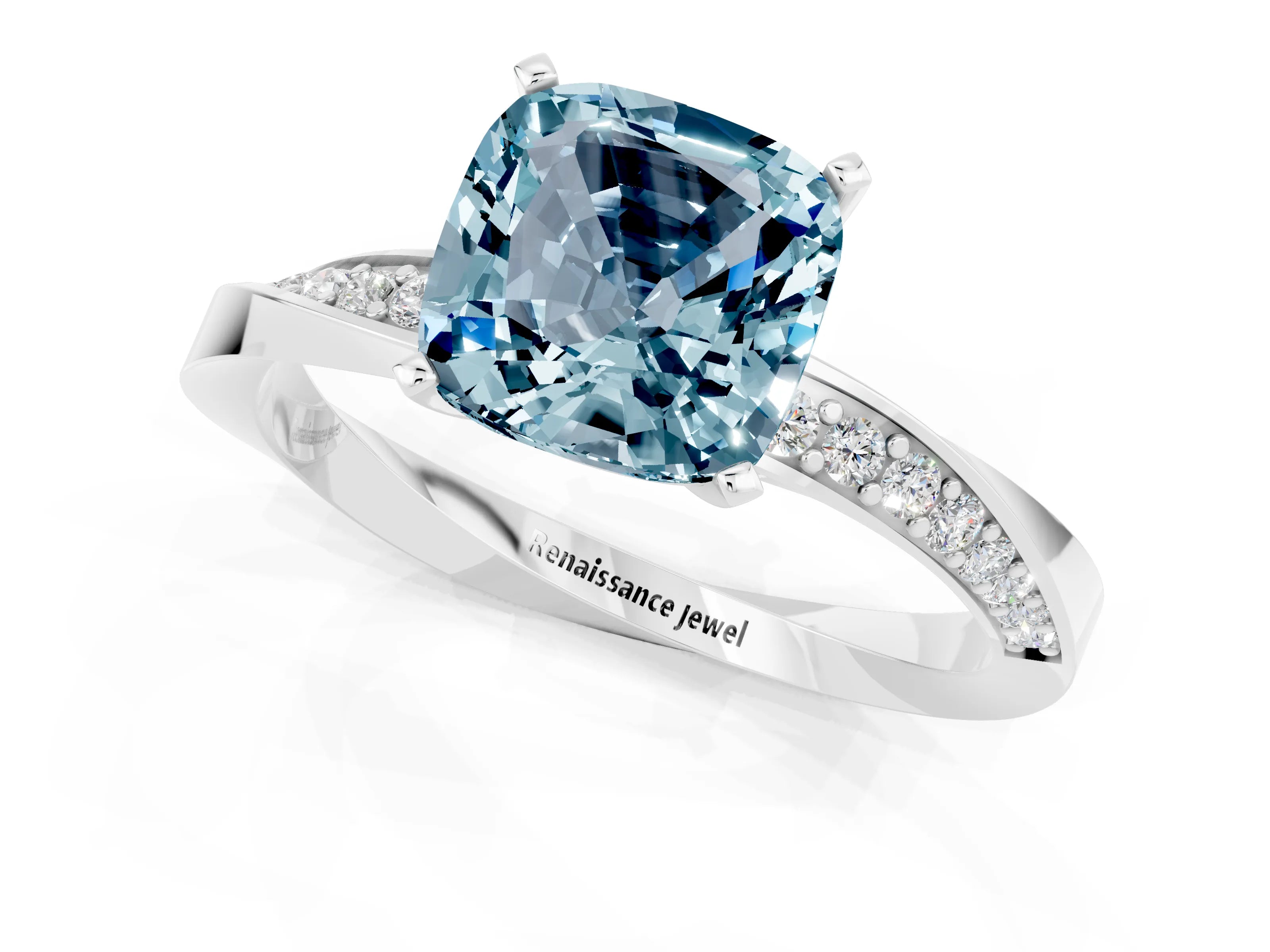White gold Cushion Cut Aquamarine Engagement Ring with Side Stone Accents and Four-Prong Setting_28