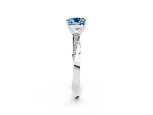 Silver Cushion Cut Aquamarine Engagement Ring with Side Stone Accents and Four-Prong Setting