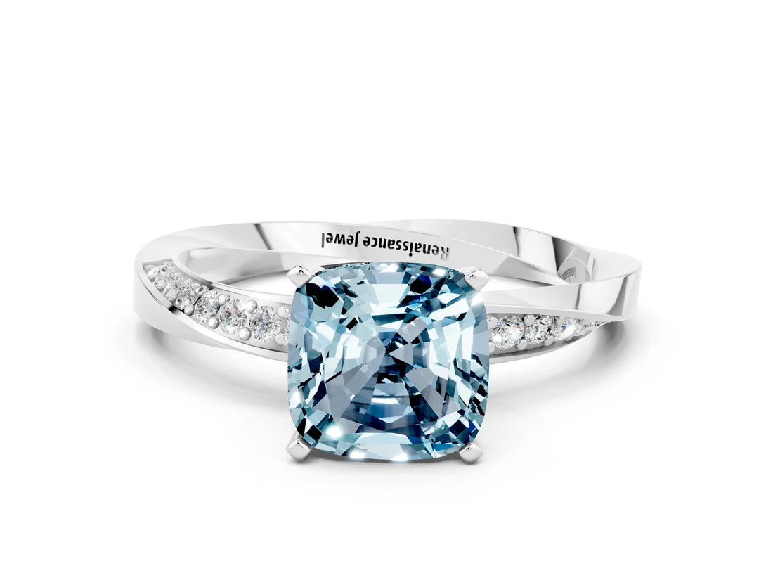White gold Cushion Cut Aquamarine Engagement Ring with Side Stone Accents and Four-Prong Setting_96