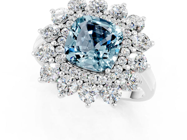 White Gold Cushion Cut Aquamarine Floral Double Halo Engagement Ring with Plain Band