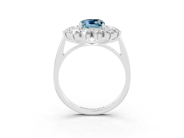 White Gold Cushion Cut Aquamarine Floral Double Halo Engagement Ring with Plain Band