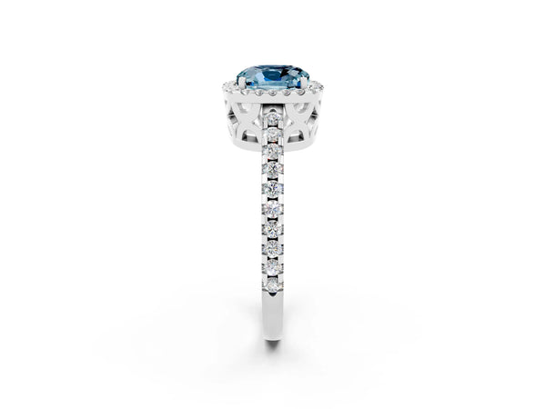 White gold Cushion Cut Aquamarine Halo Engagement Ring with Pavé Band and Prong Setting