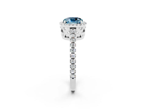 White gold Cushion Cut Aquamarine Halo Engagement Ring with Pavé Band and Prong Setting_32