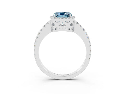 White gold Cushion Cut Aquamarine Halo Engagement Ring with Pavé Band and Prong Setting_33