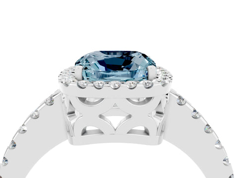 White gold Cushion Cut Aquamarine Halo Engagement Ring with Pavé Band and Prong Setting_34