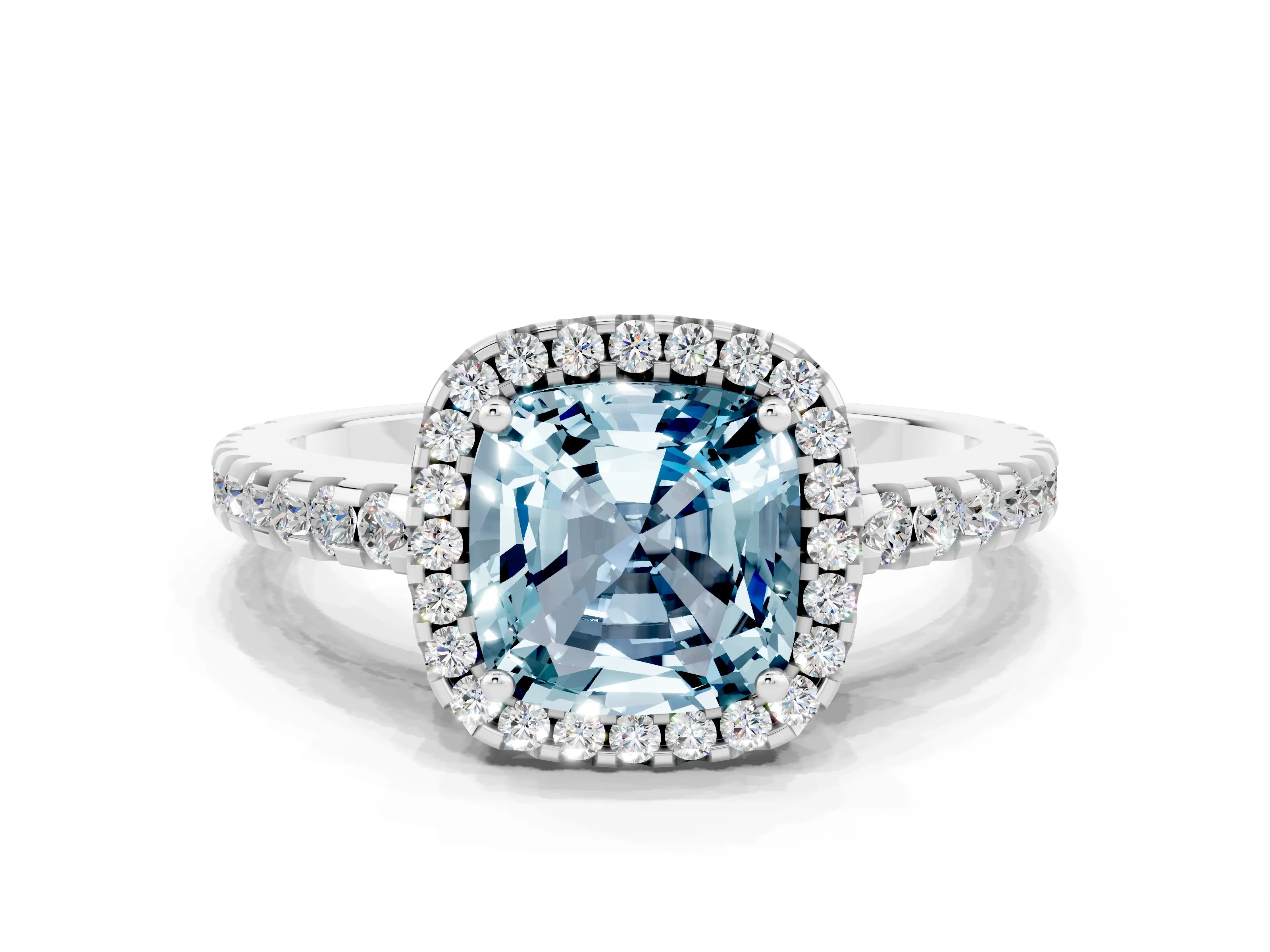 White gold Cushion Cut Aquamarine Halo Engagement Ring with Pavé Band and Prong Setting_36