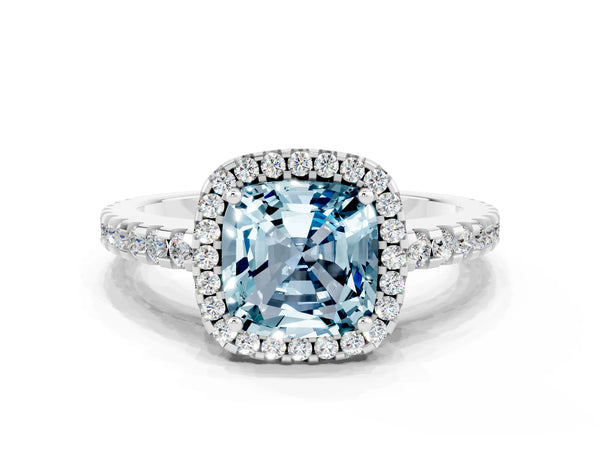 Silver Cushion Cut Aquamarine Halo Engagement Ring with Pavé Band and Prong Setting