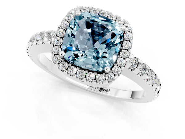 Platinum Cushion Cut Aquamarine Halo Engagement Ring with Pavé Band and Prong Setting