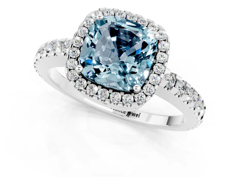 White gold Cushion Cut Aquamarine Halo Engagement Ring with Pavé Band and Prong Setting_37