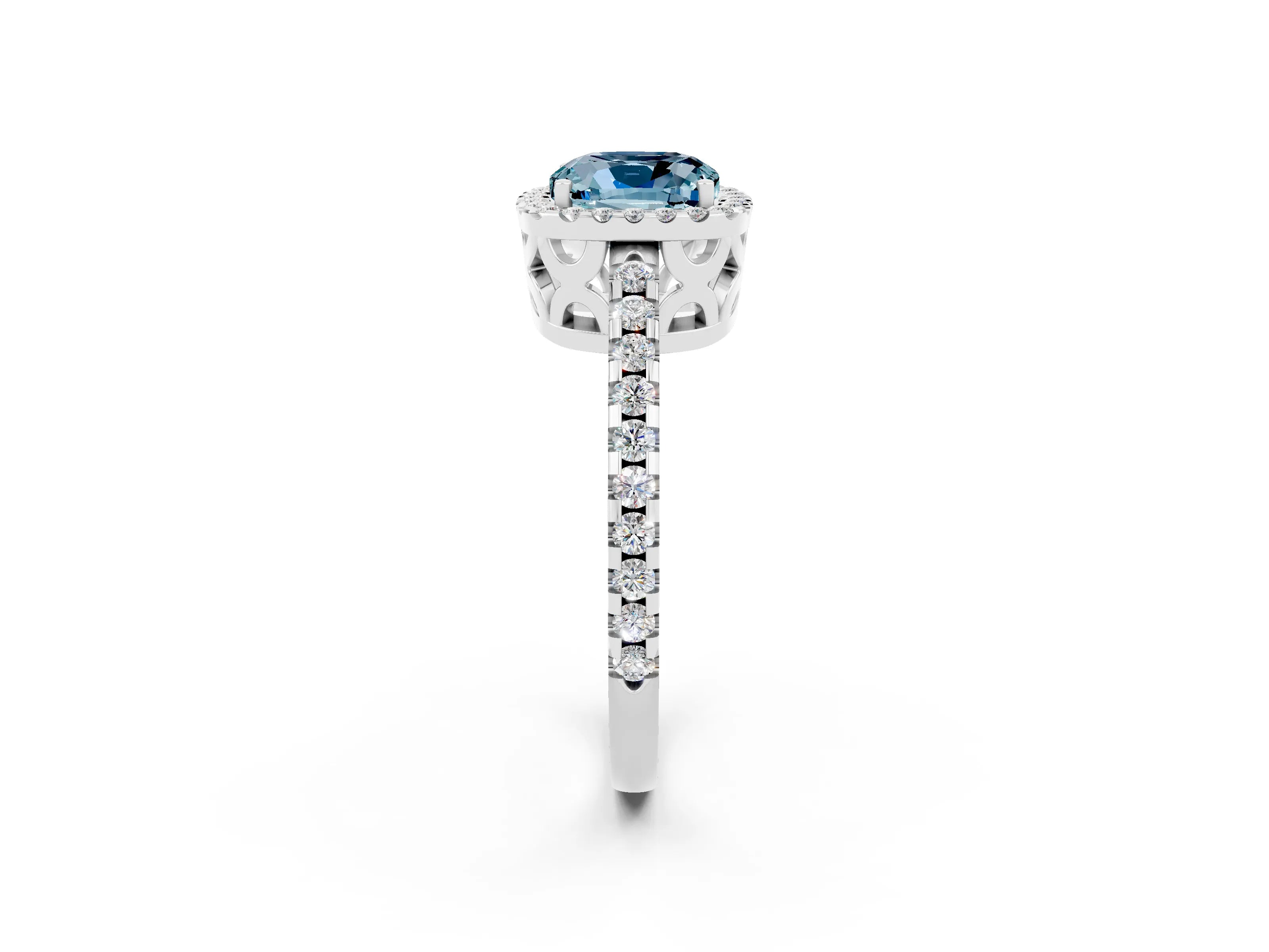 White gold Cushion Cut Aquamarine Halo Engagement Ring with Pavé Band and Prong Setting_38