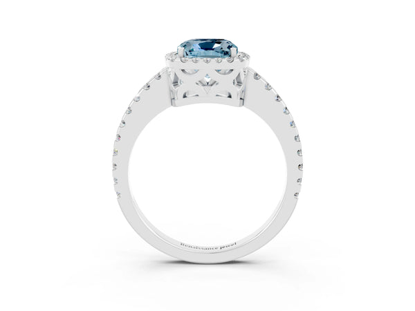 Platinum Cushion Cut Aquamarine Halo Engagement Ring with Pavé Band and Prong Setting