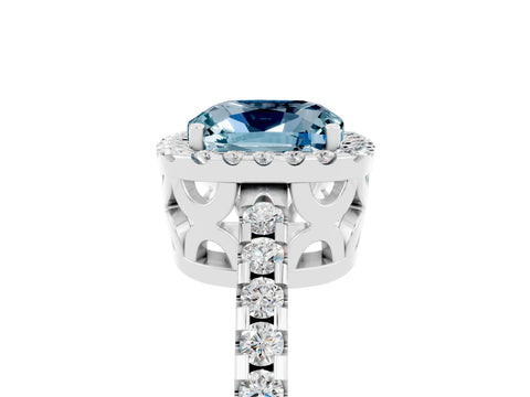 White gold Cushion Cut Aquamarine Halo Engagement Ring with Pavé Band and Prong Setting_41