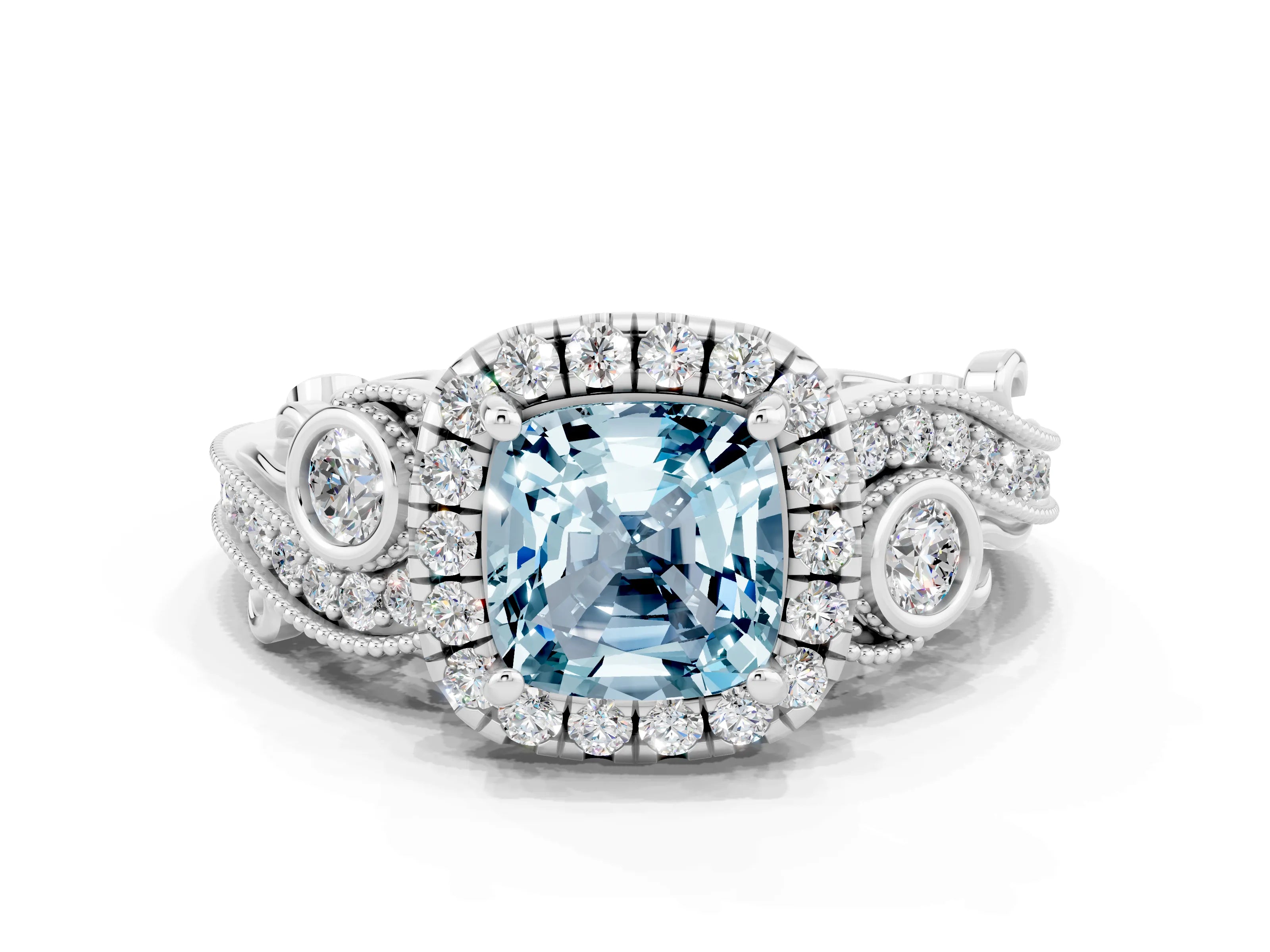White gold Cushion Cut Aquamarine Halo Ring with Milgrain Pavé Band and Four-Prong Setting_12