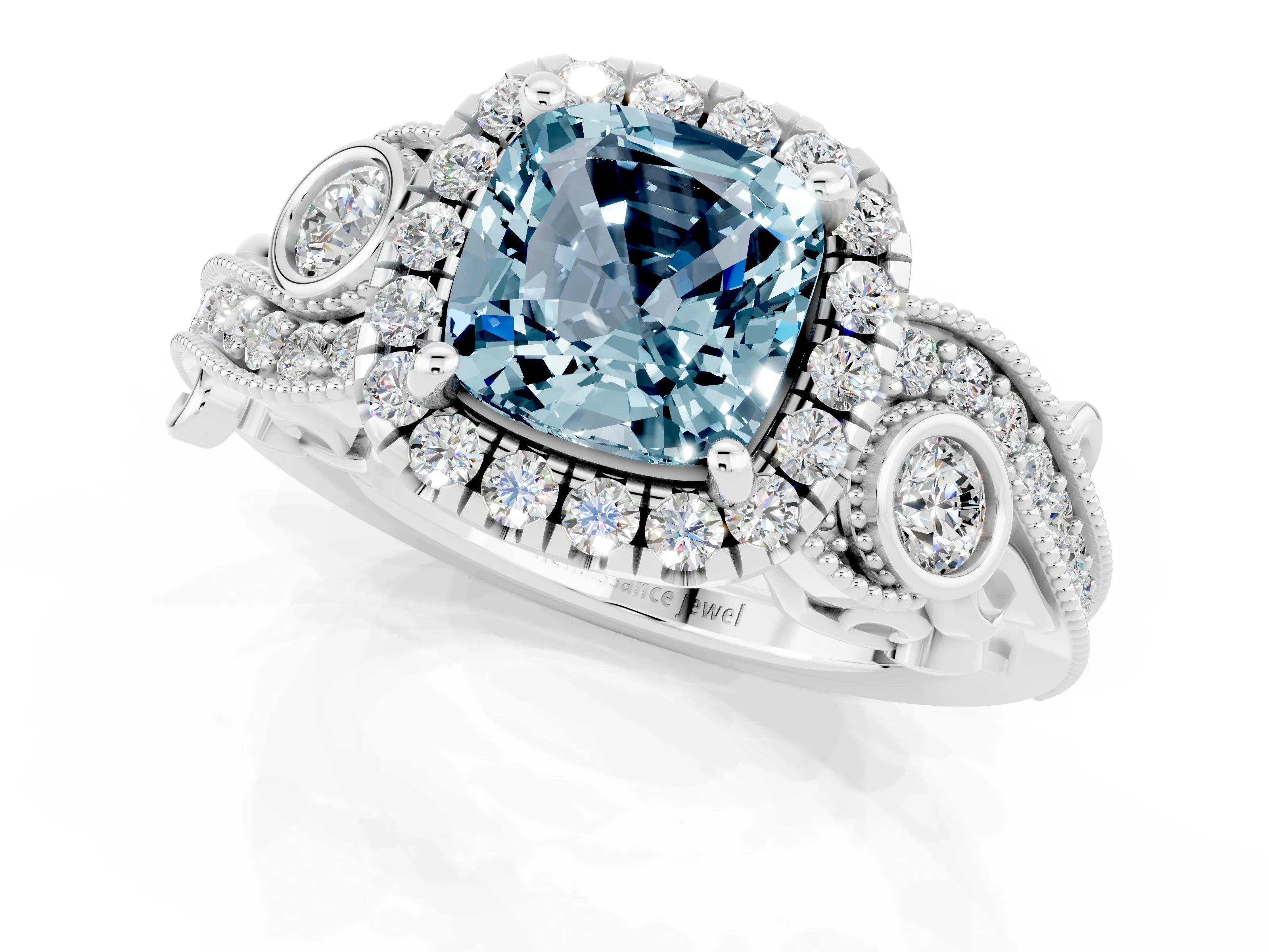 White gold Cushion Cut Aquamarine Halo Ring with Milgrain Pavé Band and Four-Prong Setting_13