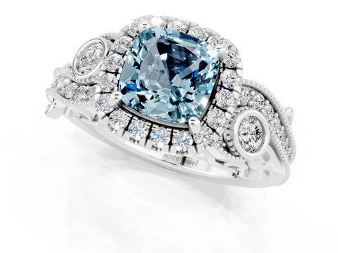 White gold Cushion Cut Aquamarine Halo Ring with Milgrain Pavé Band and Four-Prong Setting_13