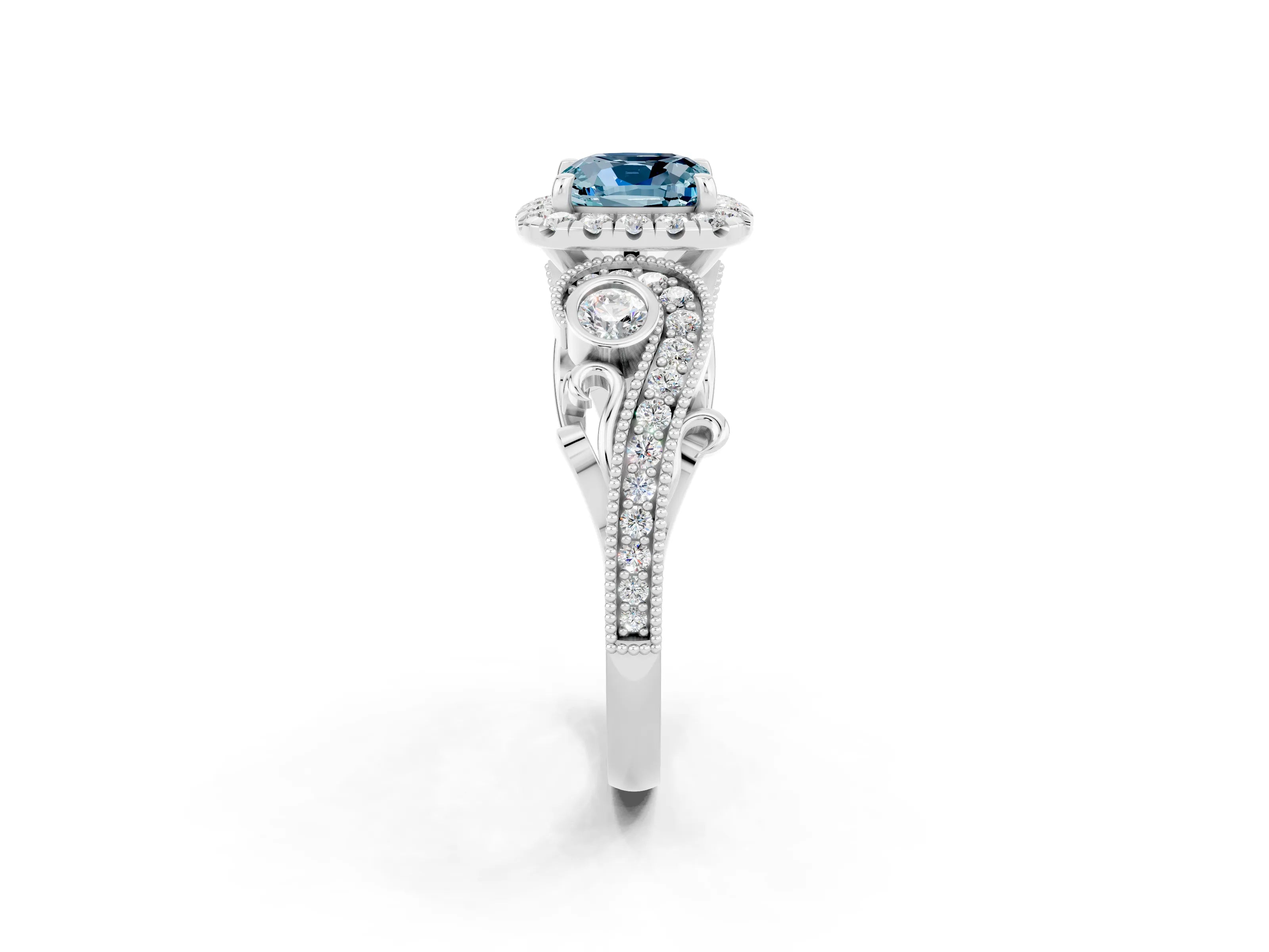 White gold Cushion Cut Aquamarine Halo Ring with Milgrain Pavé Band and Four-Prong Setting_14