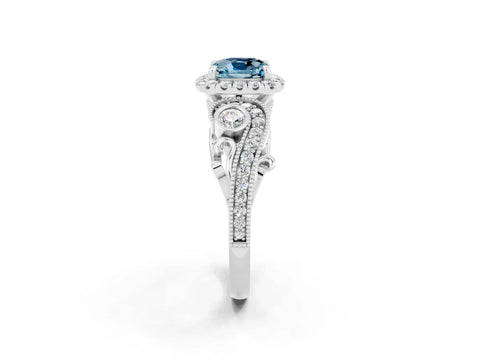 White gold Cushion Cut Aquamarine Halo Ring with Milgrain Pavé Band and Four-Prong Setting_14