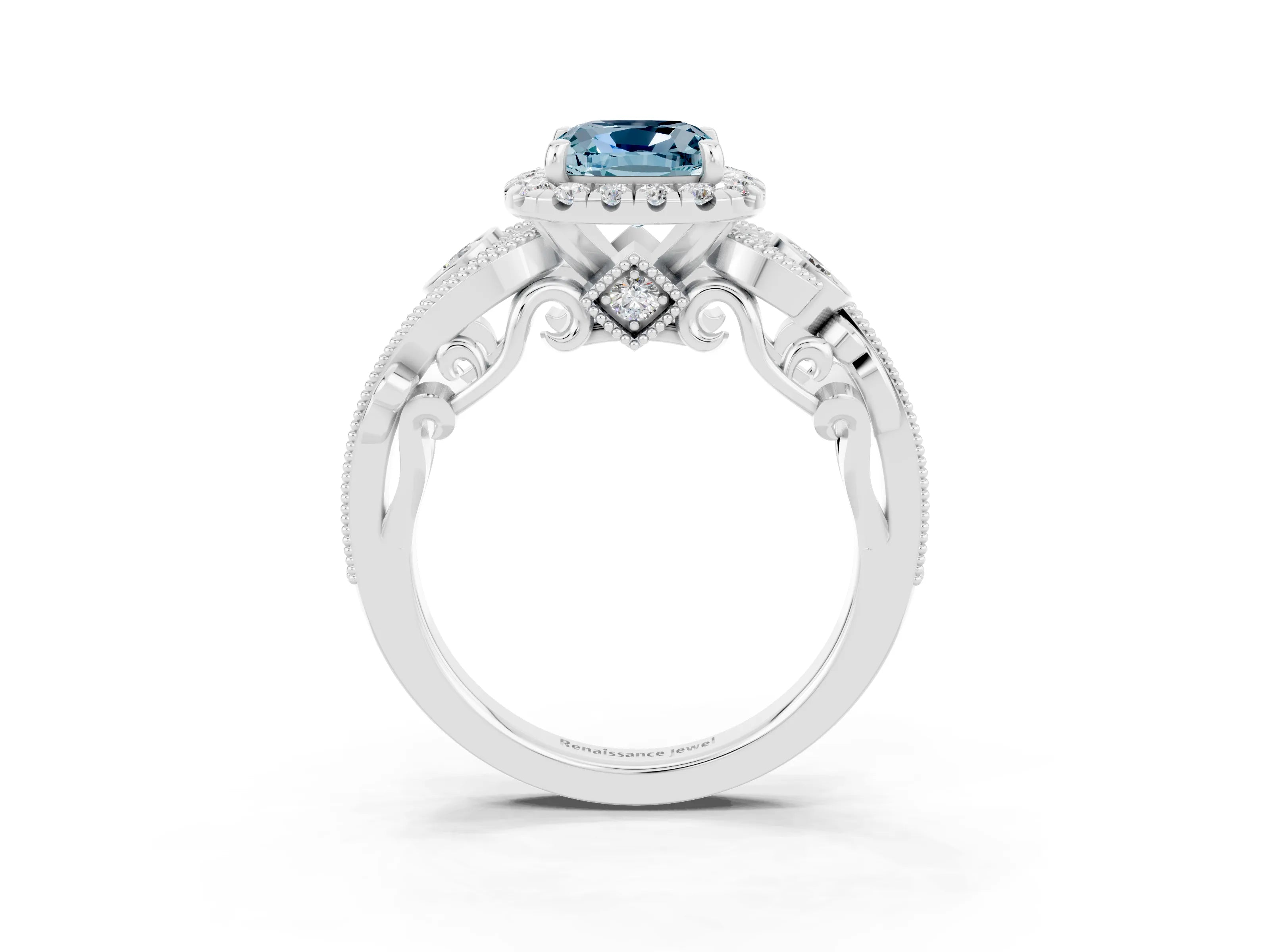 White gold Cushion Cut Aquamarine Halo Ring with Milgrain Pavé Band and Four-Prong Setting_15