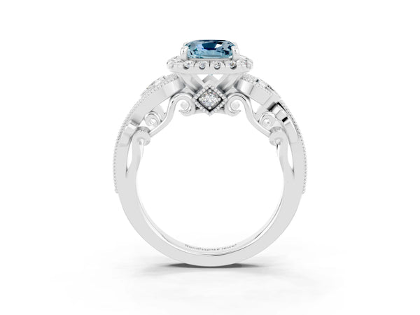 White gold Cushion Cut Aquamarine Halo Ring with Milgrain Pavé Band and Four-Prong Setting