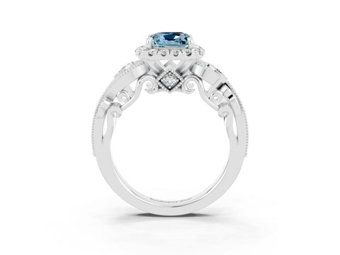 White gold Cushion Cut Aquamarine Halo Ring with Milgrain Pavé Band and Four-Prong Setting_15