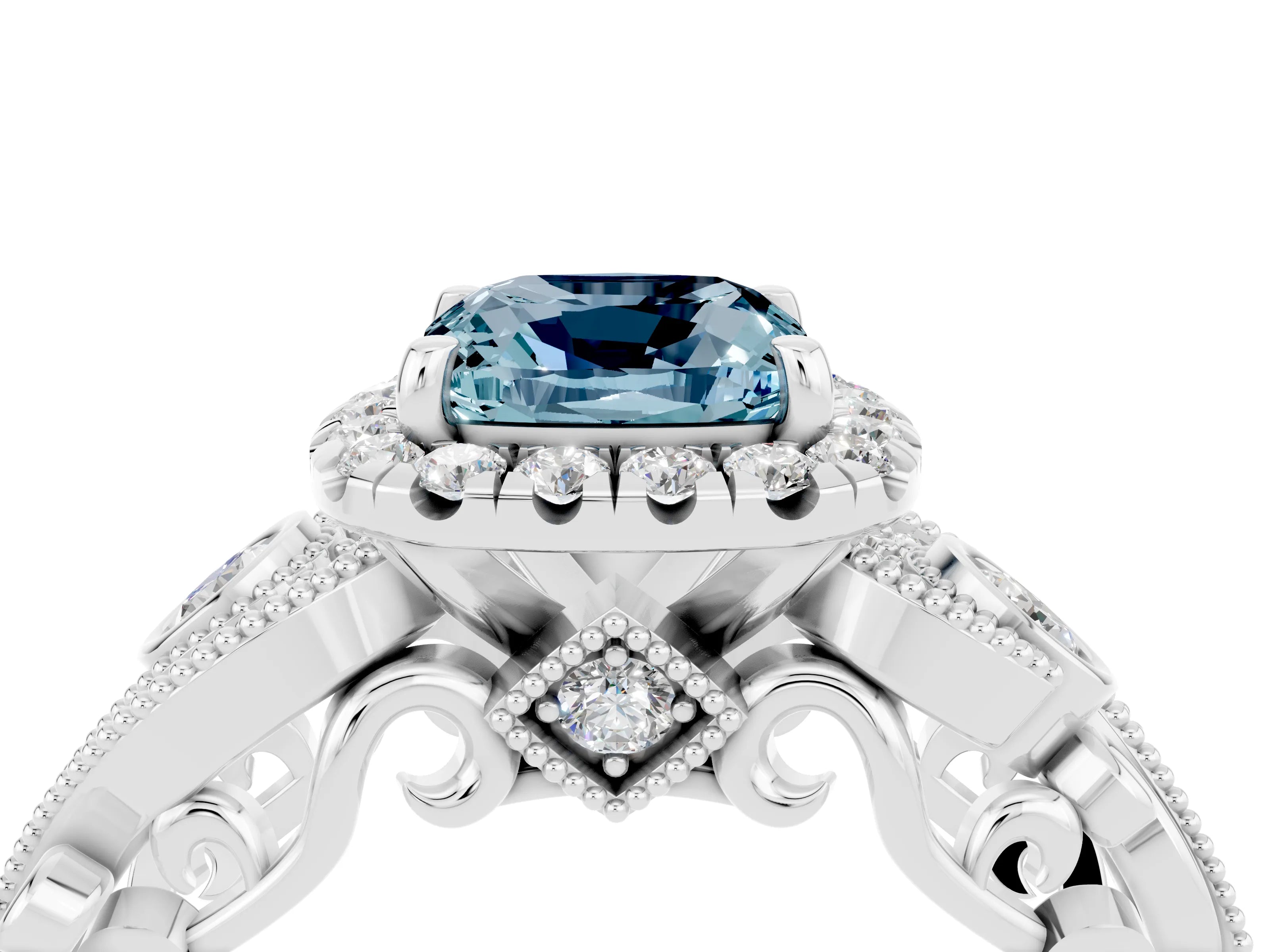 White gold Cushion Cut Aquamarine Halo Ring with Milgrain Pavé Band and Four-Prong Setting_16