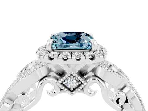 White gold Cushion Cut Aquamarine Halo Ring with Milgrain Pavé Band and Four-Prong Setting_16