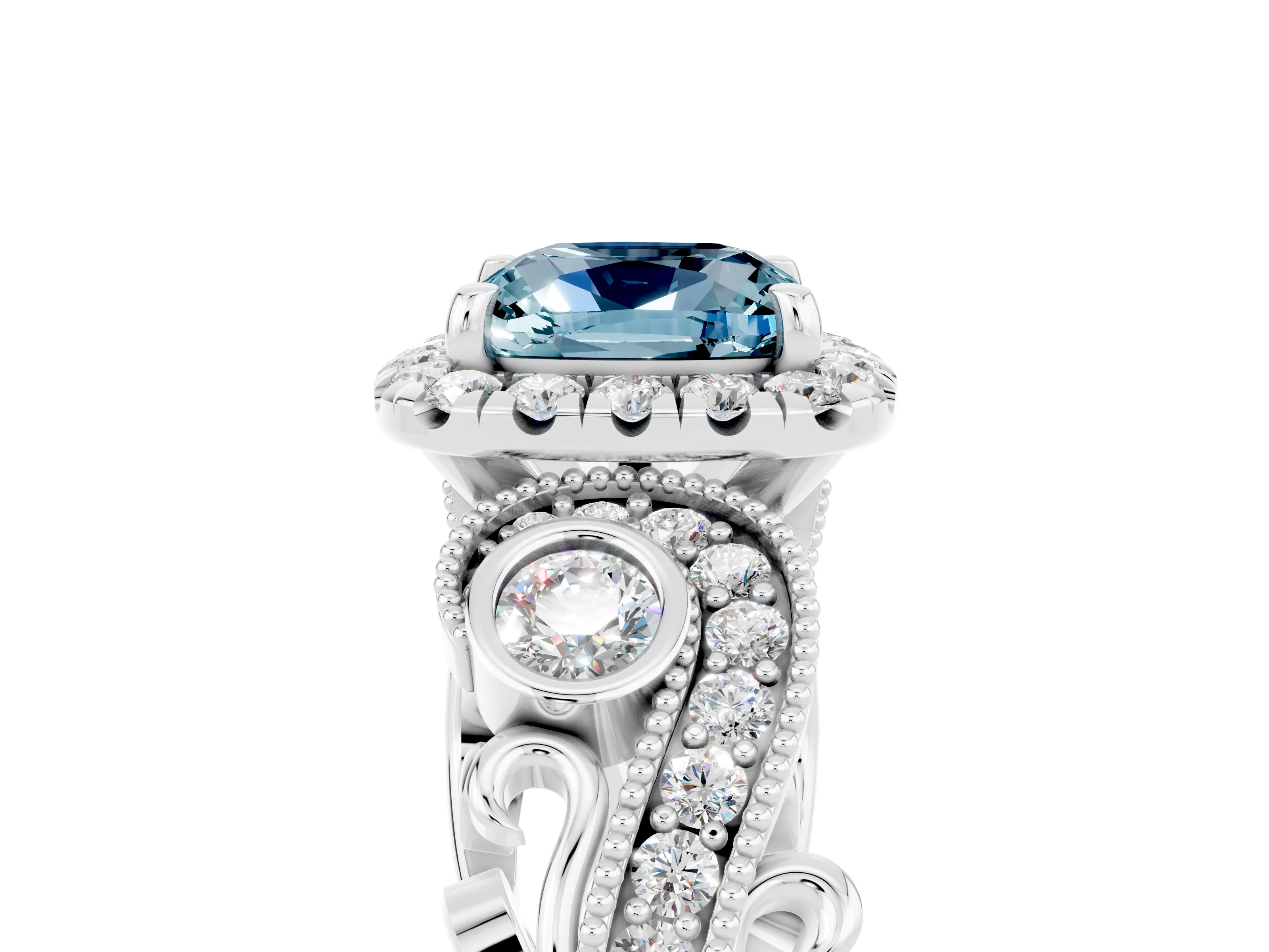 White gold Cushion Cut Aquamarine Halo Ring with Milgrain Pavé Band and Four-Prong Setting_17