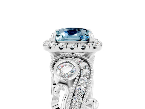 White gold Cushion Cut Aquamarine Halo Ring with Milgrain Pavé Band and Four-Prong Setting_17