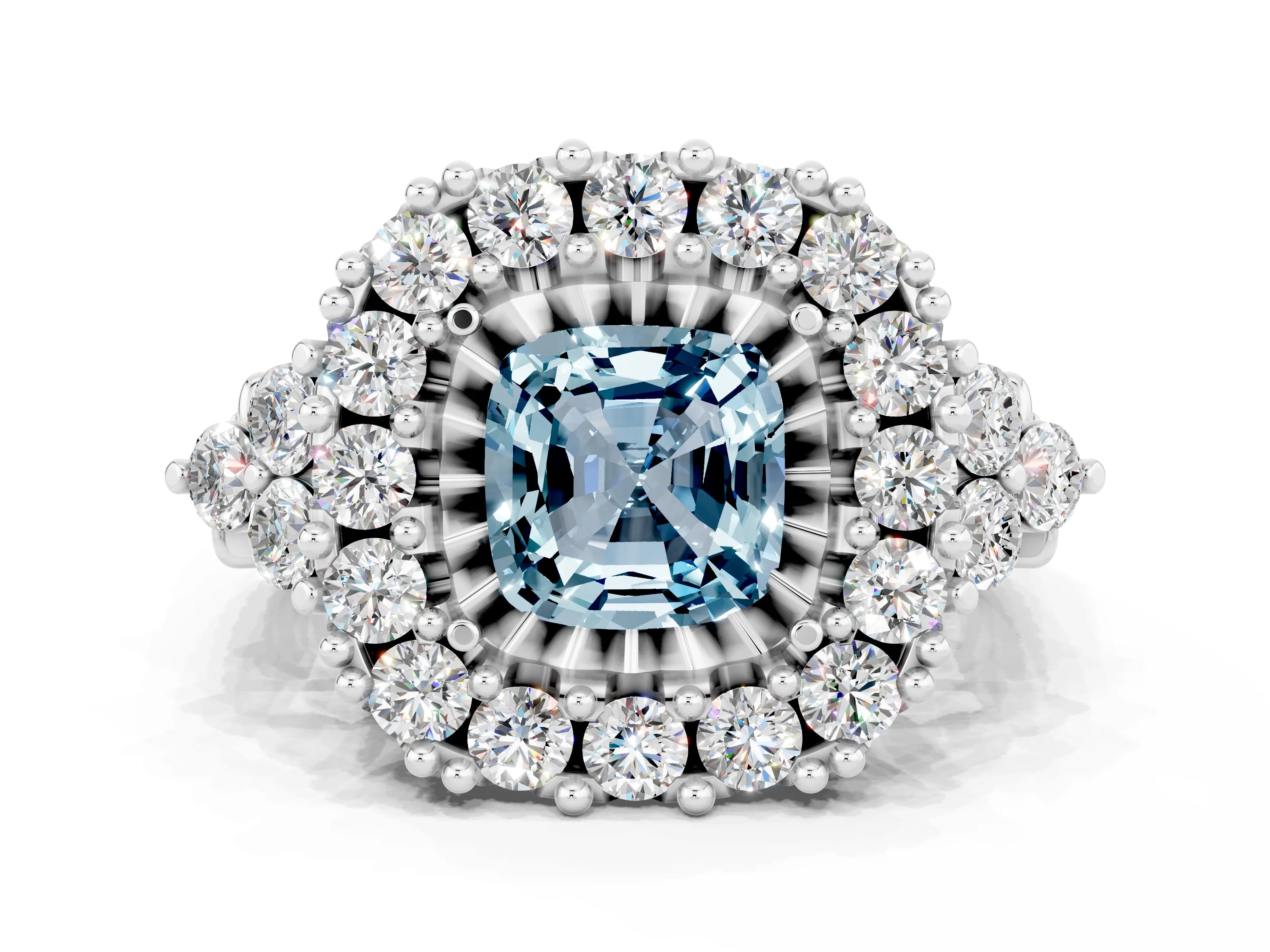 White gold Cushion Cut Aquamarine Halo Ring with Pavé Band and Four-Prong Setting_12