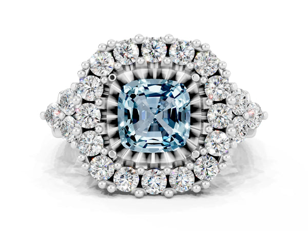 Silver Cushion Cut Aquamarine Halo Ring with Pavé Band and Four-Prong Setting