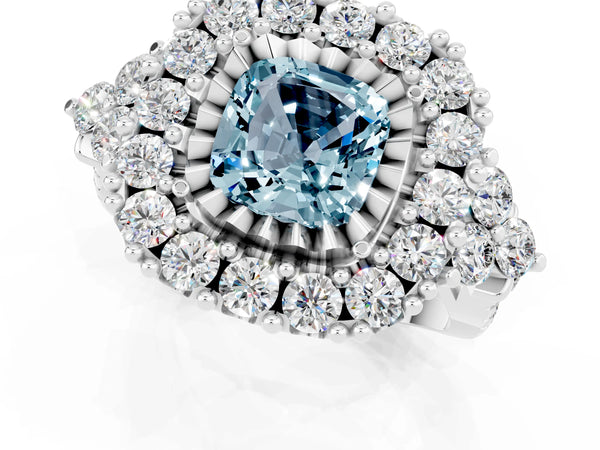 Platinum Cushion Cut Aquamarine Halo Ring with Pavé Band and Four-Prong Setting