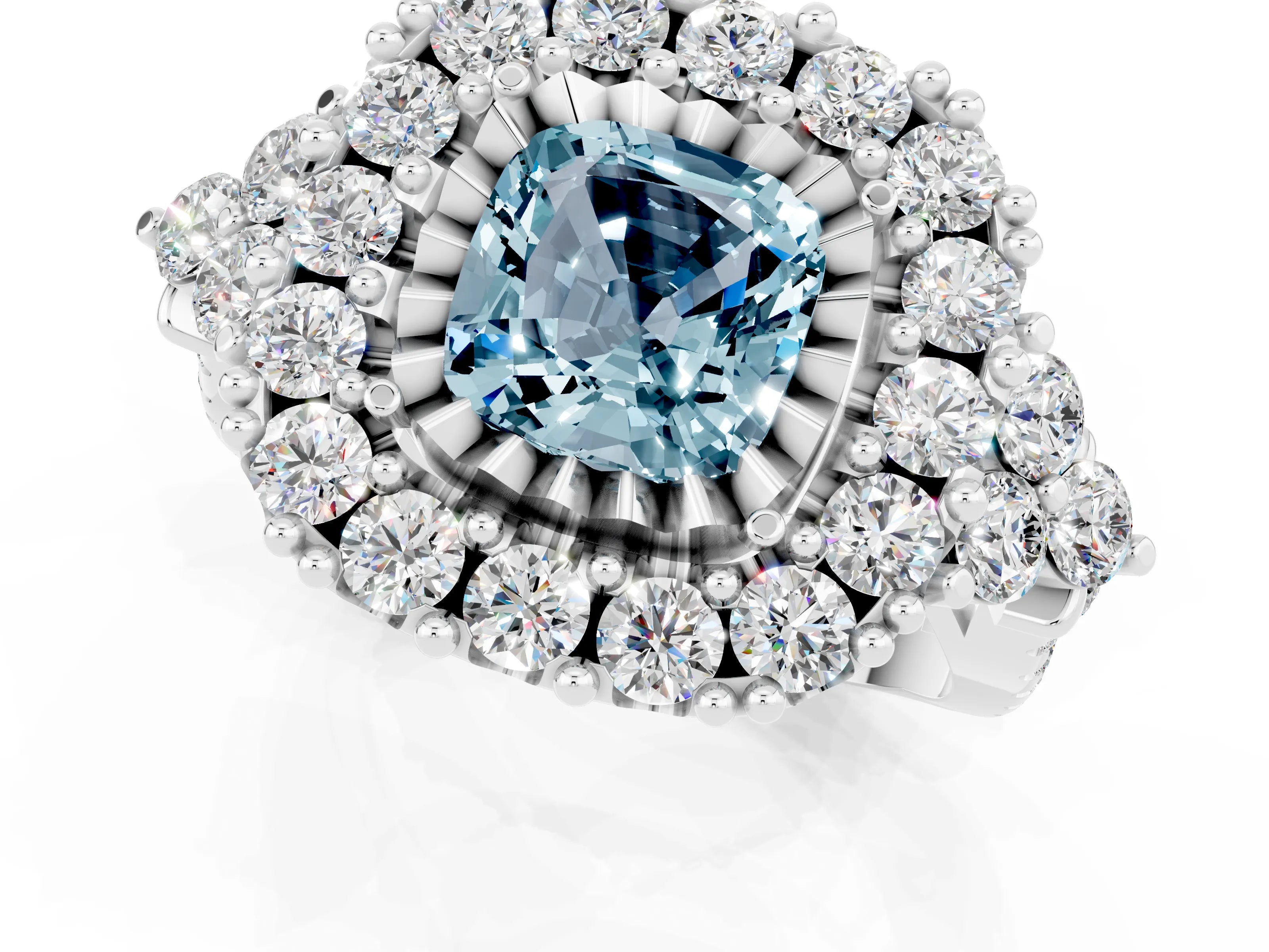 White gold Cushion Cut Aquamarine Halo Ring with Pavé Band and Four-Prong Setting_13