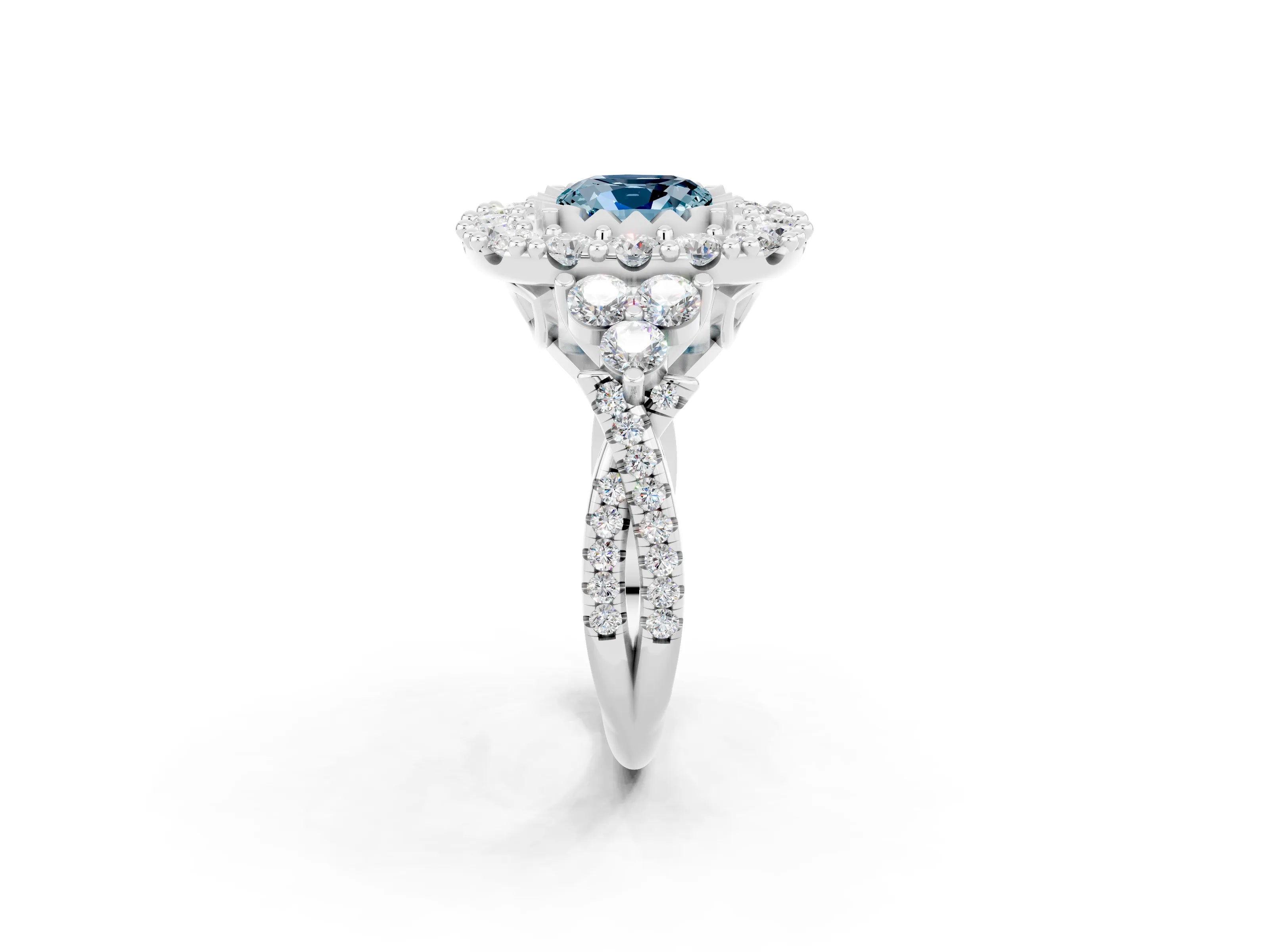 White gold Cushion Cut Aquamarine Halo Ring with Pavé Band and Four-Prong Setting_14