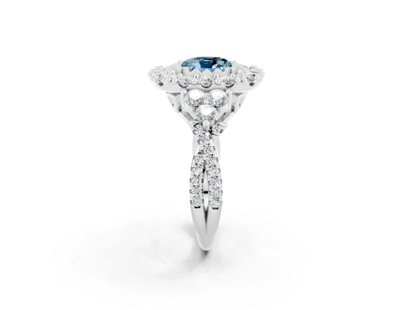 Platinum Cushion Cut Aquamarine Halo Ring with Pavé Band and Four-Prong Setting