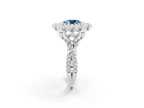 White gold Cushion Cut Aquamarine Halo Ring with Pavé Band and Four-Prong Setting_14