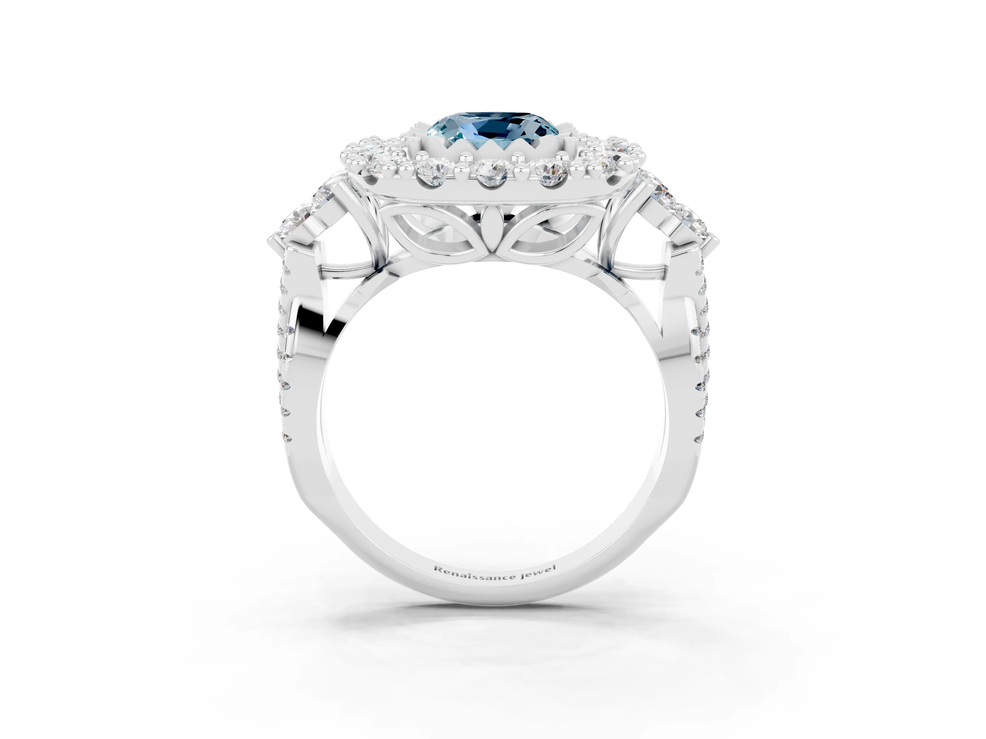 White gold Cushion Cut Aquamarine Halo Ring with Pavé Band and Four-Prong Setting_15