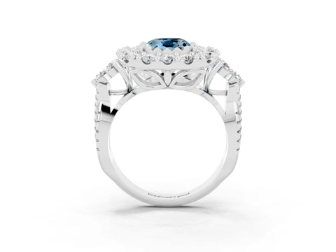 White gold Cushion Cut Aquamarine Halo Ring with Pavé Band and Four-Prong Setting_15