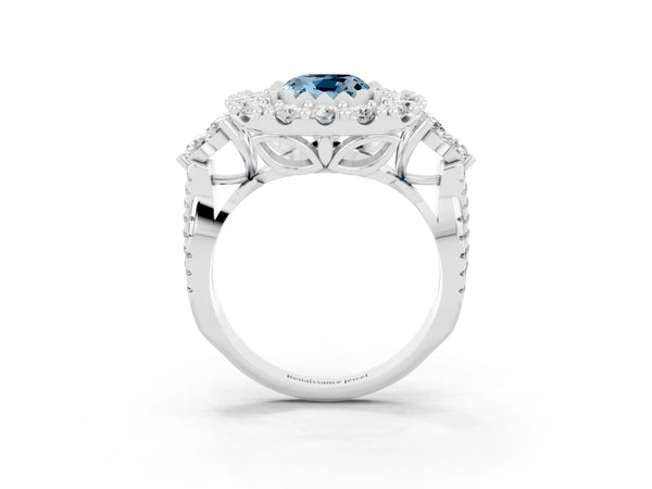 Silver Cushion Cut Aquamarine Halo Ring with Pavé Band and Four-Prong Setting