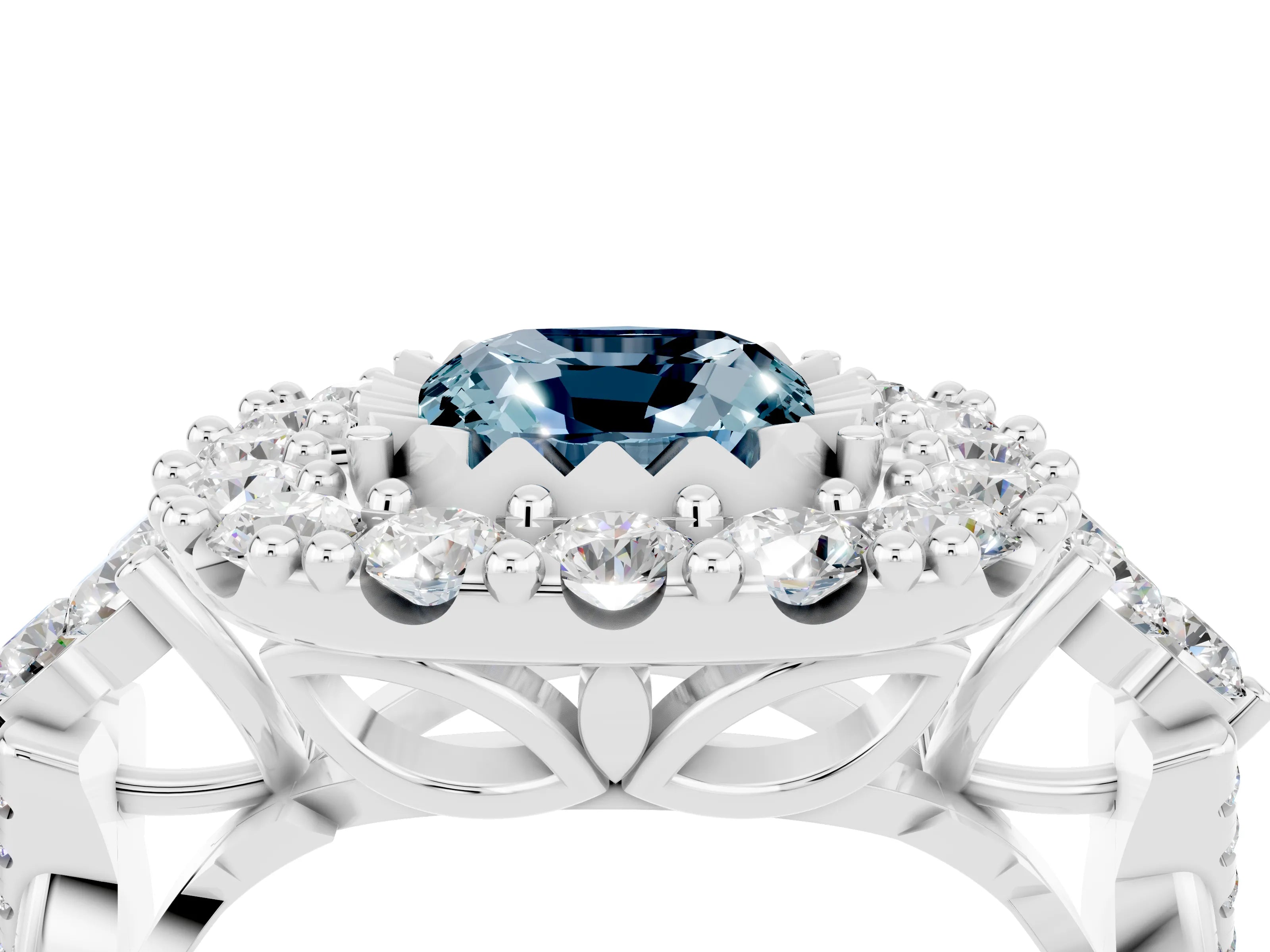 White gold Cushion Cut Aquamarine Halo Ring with Pavé Band and Four-Prong Setting_16