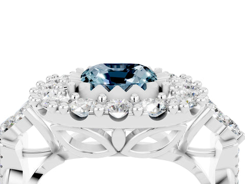 White gold Cushion Cut Aquamarine Halo Ring with Pavé Band and Four-Prong Setting_16
